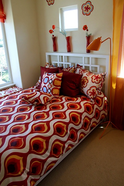 red bright bedroom textile